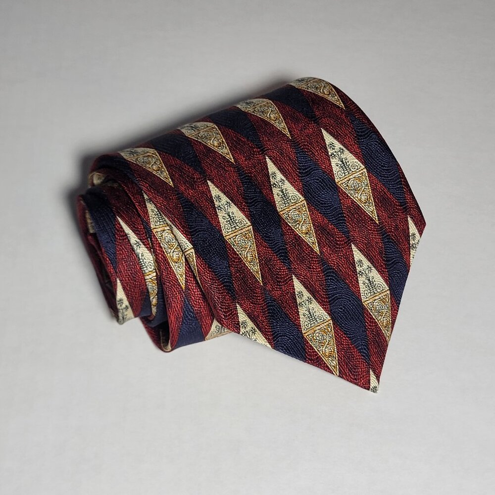 Richel Men's Necktie Diamond Shape Red Blue & Tan Geometric Rhombus Pattern
